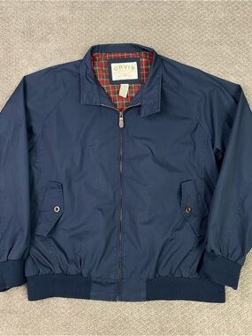 Vintage Orvis Harrington Jacket Mens XL Navy Blue Plaid Lined Bomber Bi-Swing